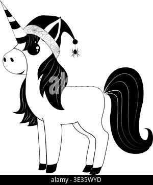 Licorne dans un chapeau avec un thème d'Halloween araignée. Pour votre conception Illustration de Vecteur