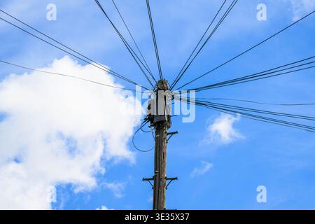 Poteau télégraphique en bois avec plusieurs fils électriques aériens s'étendant vers l'extérieur contre un ciel bleu avec des nuages dans un cadre de rue résidentiel. Banque D'Images