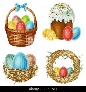 Aquarelle ensemble de Pâques avec des symboles traditionnels : panier en osier avec des œufs, kulich gâteau festif, nid d'oiseau et couronne florale. Parfait pour les cartes, Banque D'Images