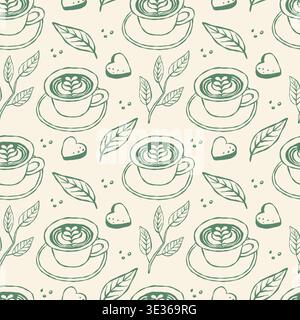 Thé matcha dessiné à la main, feuilles et coeurs en motifs répétitifs Illustration de Vecteur