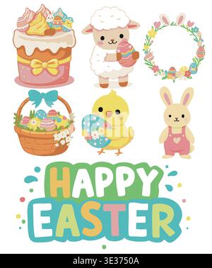 Joyeuses Pâques dessinées à la main avec des œufs, lapin et éléments de printemps Illustration de Vecteur