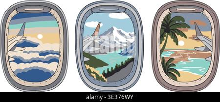 Vues de fenêtre d'avion définies avec différents paysages illustration de voyage Illustration de Vecteur