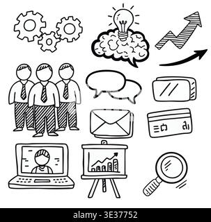 Icônes d'entreprise dessinées à la main avec des symboles Finance, Marketing et Stratégie Illustration de Vecteur