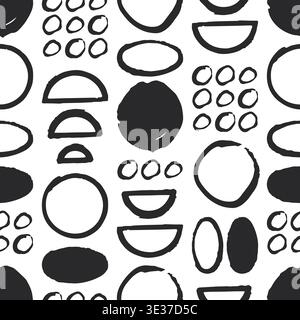 Motif abstrait noir blanc sans couture avec des cercles de doodle, des ovales et des demi-cercles dans le style marqueur. Fond de texture grunge d'encre créative. Texti tendance Illustration de Vecteur