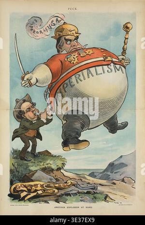 Illustration historique intitulée Another explosion at Hand par Udo J. Keppler, représentant une caricature politique de William Jennings Bryan gonflant une figure du président McKinley étiquetée « impérialisme », symbolisant les débats sur l’expansionnisme américain au tournant du XXe siècle. Banque D'Images