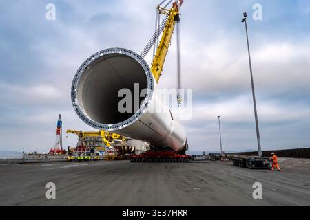 Monopiles, pièces de transition et jackets pour la construction de parcs éoliens offshore Banque D'Images