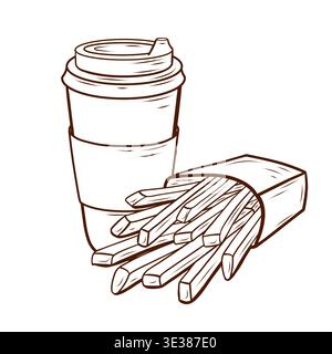 Une tasse de café à emporter et des frites. Une composition vectorielle d'articles de restauration rapide pour les menus de café, affiches de Street food, écrans d'application de livraison, restauran Illustration de Vecteur