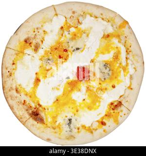 Pizza italienne Quatro formaggi vue de dessus isolé sur fond blanc Banque D'Images