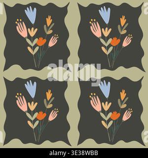 Modèle vectoriel botanique sans couture avec des bouquets de fleurs avec des cadres sur un fond sombre Illustration de Vecteur