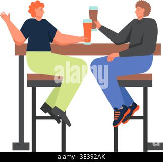 Deux amis buvant de la bière et se parlant tout en étant assis à table, illustration plate vectorielle isolée sur fond blanc. Restaurant Beer con Illustration de Vecteur