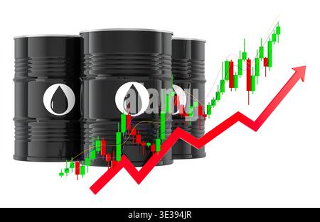 Barils de pétrole avec graphique des prix en hausse et flèche vers le haut. Rendu 3D isolé sur fond blanc Banque D'Images
