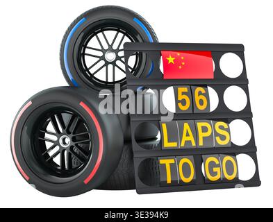 Course chinoise, board de pit avec drapeau de la Chine et roues de course. Rendu 3D isolé sur fond blanc Banque D'Images