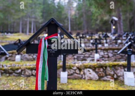 Gros plan d'une croix commémorative en bois noir avec un ruban tricolore hongrois. Situé dans le cimetière de guerre austro-hongrois de Dobbiaco, la tombe honore Banque D'Images