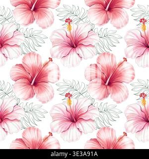 Motif de répétition sans couture d'hibiscus tropical avec fond d'aquarelle de feuilles de palmier, ornement de fleur pour le tissu Banque D'Images