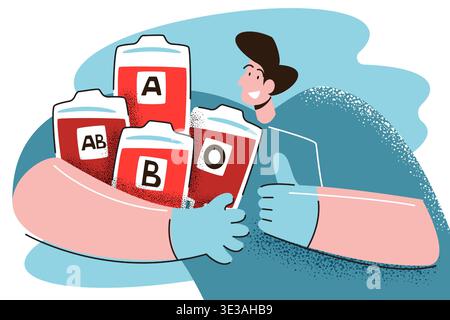 Une personne souriante et tenant des sacs de différents groupes sanguins (A, B, O, AB), soulignant la diversité et l'importance de l'approvisionnement en banque de sang. Vecteur i Illustration de Vecteur