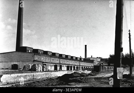 Sloviansk, années 1950-1960 Usine AIZ (usine d'armature-isolateur). Photographie d'archive vintage montrant le vaste territoire industriel avec un long bâtiment de fabrication et un grand smokestack. Des piles de briques et de matériaux de construction se trouvent au premier plan sur le sol brut, illustrant l'expansion active et le fonctionnement continu du complexe de l'industrie lourde soviétique. Cet impressionnant cliché en noir et blanc documente le patrimoine architectural authentique, préservant l'époque du Donbass paisible. Banque D'Images