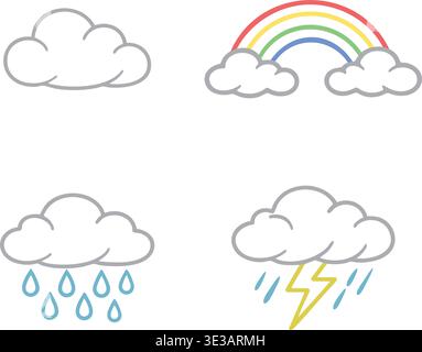 Un ensemble d'illustration de lignes épurées représentant différentes conditions météorologiques, y compris un ciel nuageux, un arc-en-ciel avec des nuages, des précipitations et des orages, symboliz Illustration de Vecteur