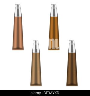 Tube cosmétique avec distributeur de pointe fine, ensemble maquette vectorielle de nuances de couleur bronze. Emballage de produit de beauté avec applicateur fin, maquette. Illustration de Vecteur
