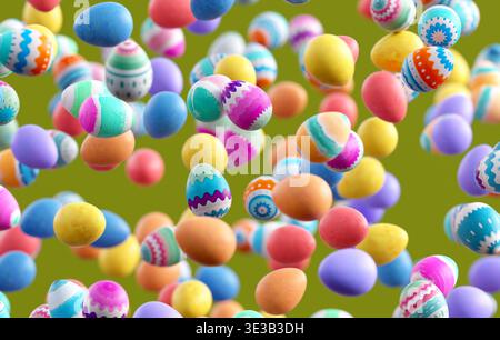 Oeufs de Pâques décorés tombant sur fond vert, concept festif de vacances de printemps avec des motifs colorés et illustration 3D saisonnière ludique Banque D'Images