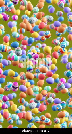 Oeufs de Pâques décorés tombant sur fond vert, concept festif de vacances de printemps avec des motifs colorés et illustration 3D saisonnière ludique pour soci Banque D'Images