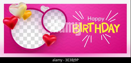 Bannière festive Happy Birthday avec des ballons de coeur et des espaces réservés à la photo, sur un fond rose. Illustration vectorielle Illustration de Vecteur