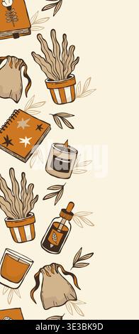 Bordure verticale sans couture Hygge Hobby. Maison confortable, bougie, livre, cahier et plantes en pot sur fond clair. Séparateur Doodle en terre cuite dessiné à la main. T Illustration de Vecteur