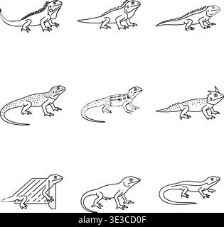Ensemble d'icônes minimaliste Lizard & Reptile Line Art, Iguana, Gecko & Bearded Dragon Vectors Illustration de Vecteur