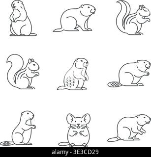 Unique Forest rongeurs Line Art Icon Set, Beaver, Squirrel et Chipmunk Outline vecteurs Illustration de Vecteur