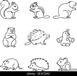 Ensemble d'icônes de petits rongeurs et mammifères forestiers Line Art, écureuil, castor, hérisson, Porcupine Outline Illustration de Vecteur