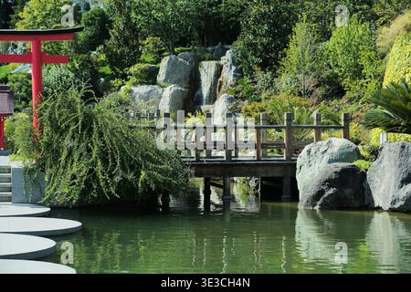Charmant chemin de jardin. Pittoresque pont en bois reliant les terrasses luxuriantes avec Scenic Reflections Banque D'Images