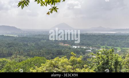 Paysage forestier tropical panoramique avec montagnes lointaines et rivière sous ciel couvert, verdoyant canopée vue d'en haut. Île de Sri Lanka en Asie. Banque D'Images