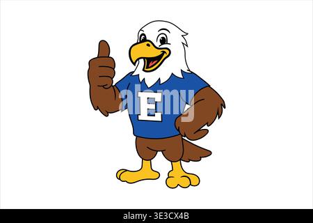 Une mascotte d'aigle de bande dessinée portant une chemise bleue avec une lettre e blanche donnant un pouce vers le haut isolé sur fond blanc Illustration de Vecteur