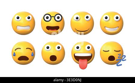 Emoji 3D. Visage heureux ou triste avec bouche et yeux. Émoticône de dessin animé ou personnage de médias sociaux. Joyeux clin d'œil avatar sourire. Dormez ou pleurez. Icône surprise. Expression faciale de l'émotion. Jeu de vecteurs de smileys à bulles Illustration de Vecteur