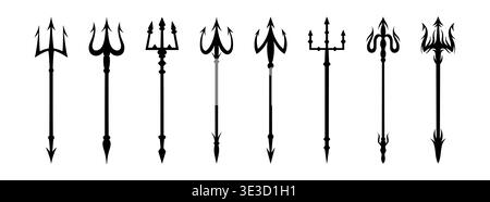 Trident diable. Fourche Poséidon. Lance de démon de l'enfer ou arme de Satan. Brochet de silhouette de mythologie maléfique. Harpon fantastique. Symbole de mythe noir. Ancienne lance titan. Fourche Neptune. Icônes graphiques vectorielles définies Illustration de Vecteur