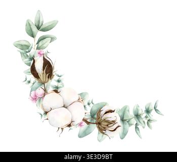 Coton aquarelle, eucalyptus, bouquet de coin de baies. Illustration botanique dessinée à la main isolée sur fond blanc. Composition élégante pour mariage Banque D'Images