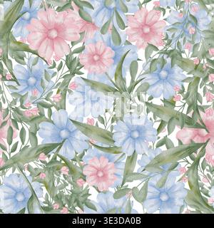 Un motif botanique aquarelle sans couture de fleurs bleues et roses luxuriantes avec un feuillage vert dense, idéal pour les textiles de printemps élégants, les papiers peints sur le thème de la nature et la papeterie de mariage romantique Banque D'Images