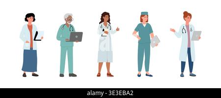 Profession de médecin. Divers travailleurs médicaux ensemble, hommes et femmes en uniformes médicaux avec attributs médicaux. Illustration de Vecteur
