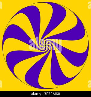 Illusion d'optique en spirale avec des rayures jaunes et violettes vibrantes. Image abstraite pour la perception visuelle et les dessins géométriques. Banque D'Images