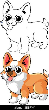 Un chien de corgi de dessin animé présenté dans les versions de contour de couleur et noir et blanc Illustration de Vecteur