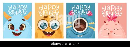 Joyeux anniversaire. Ensemble de carte de voeux avec des monstres mignons. cornes ludiques, amicales Illustration de Vecteur