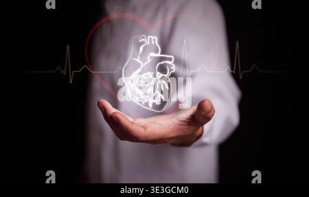Docteur tenant un hologramme numérique d'un coeur humain avec ligne d'impulsion ECG. Cardiologie, diagnostic, innovation en matière de maintien de la vie, technologie médicale, guérison cardiaque Banque D'Images