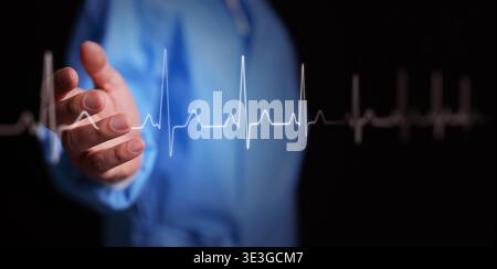 Concept de soins médicaux. Ligne de battement cardiaque ECG au-dessus de la main du médecin sur fond sombre. Cardiologie, surveillance des patients, soins d'urgence, réanimation, digi Banque D'Images