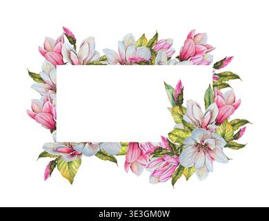 Illustration aquarelle horizontale fleurs de magnolia rose et blanc avec bourgeons et cadres de feuilles vertes. Illustration pour invitations, papeterie de mariage, Banque D'Images