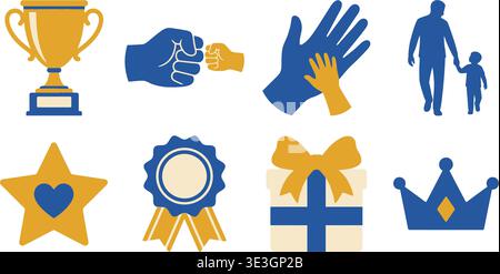 Icônes symboliques de célébration de la fête des pères avec trophée poing-bump tenant les mains parent enfant marchant étoile coeur ruban couronne cadeau en jaune miel Illustration de Vecteur