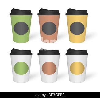 Tasses à café jetables en papier blanc et couleur avec couvercles en plastique noir et autocollants d'identité de marque, maquette. Pour aller ensemble de tasse de boisson, maquette Illustration de Vecteur