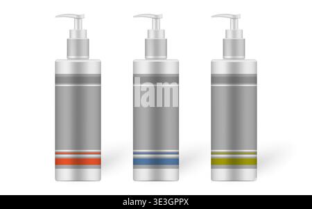 Bouteille cosmétique avec set de distributeur, maquette réaliste. Récipient d'emballage de produit de beauté avec autocollant d'étiquette vierge, modèle vectoriel Illustration de Vecteur