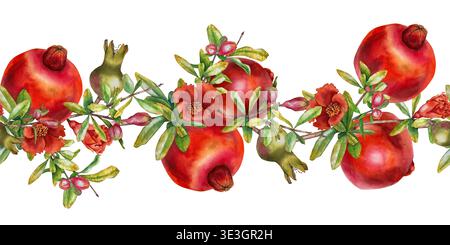 Bordure sans couture à l'aquarelle avec des grenades vibrantes, des bourgeons, des fleurs et des feuilles. Illustration pour emballage, tissu, décor de cuisine, papiers peints, greetin Banque D'Images