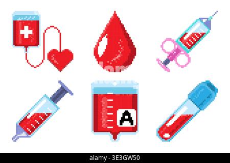 Jeu d'icônes pixel art de don de sang comprenant des poches de sang, des seringues, des tubes à essai et des symboles cardiaques pour les concepts médicaux et de soins de santé. Illustration vectorielle Illustration de Vecteur
