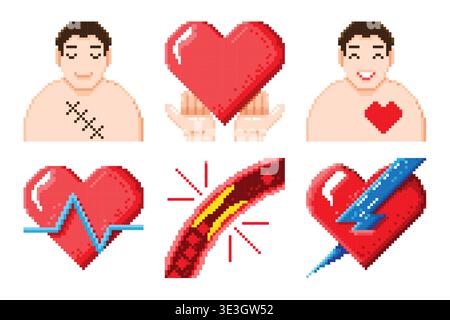 Jeu d'icônes pixel art pour chirurgie cardiaque comprenant un patient avec des points de suture, une occlusion de l'artère coronaire et des procédures médicales pour la santé cardiaque. Vecteur illu Illustration de Vecteur