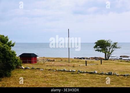 Paysage côtier rural paisible avec une cabane en bois rouge, un arbre solitaire et une prairie herbeuse surplombant la mer. Décor naturel de style scandinave. Banque D'Images